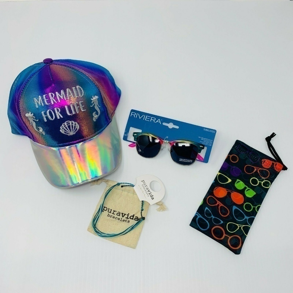 Girls Mermaid Gift Set Ball Cap Hat Sunglasses Pura Vida Anklet NWT
